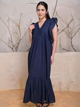 PEPPINOS - Navy Blue Cotton Schiffli Maxi Dress with Ruffle Sleeves