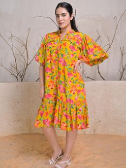 PEPPINOS - Vibrant Mustard Bloom Midi Dress with Puff Sleeves