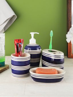 VarEesha - Indigo Blue Ceramic 4 Piece Bathroom Accessories Set Soap Dispenser with Accessories