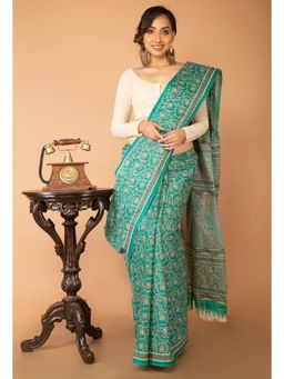 Unnati Silks - Green Pure Krisha Block Printed Cotton Saree with Unstitched Blouse