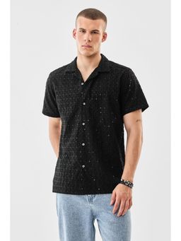 Snitch - Black Embroidery Half Sleeves Boxy Casual Shirt