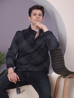 CRIMSOUNE CLUB - Men Navy Blue Checked Sweatshirt