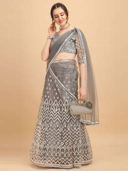 Amrutam Fab - Womens Grey Coloured Hand Embroidered Malay Satin Fusion Lehenga Choli (Set of 3)