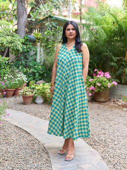 Vaaya - Teal Summer Check A Line Midi Dress