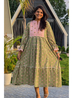 Pink Tree - Green Mira Garden Checks Mul Cotton Dress