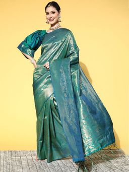 Odette - Silk Blend Teal Green Woven Design Saree with Unstitched Blouse