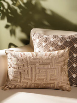 Pure Home + Living - Beige Geometric Embroidered Cushion Cover (12X18 Inches)