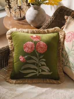 Pure Home + Living - Green Rose Embroidered Cushion Cover (16x16 Inches)