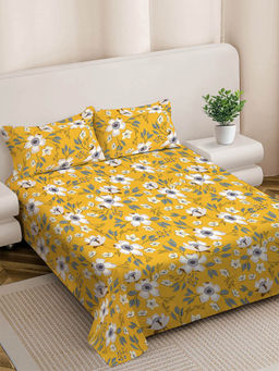 FABINALIV - Yellow Floral 300 TC Cotton Blend King Size Double Bedsheet with 2 Pillow Covers