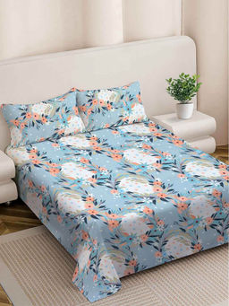 FABINALIV - Blue Floral 300 TC Cotton Blend King Size Double Bedsheet with 2 Pillow Covers