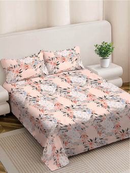 FABINALIV - Peach Floral 300 TC Cotton Blend King Size Double Bedsheet with 2 Pillow Covers