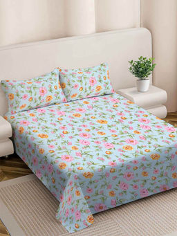 FABINALIV - Multicolor Floral 300 TC Cotton Blend King Size Double Bedsheet with 2 Pillow Covers