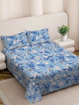 FABINALIV - Blue Floral 300 TC Cotton Blend King Size Double Bedsheet with 2 Pillow Covers