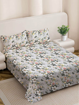FABINALIV - Multicolor Floral 300 TC Cotton Blend King Size Double Bedsheet with 2 Pillow Covers