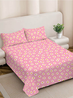 FABINALIV - Pink Floral 300 TC Cotton Blend King Size Double Bedsheet with 2 Pillow Covers