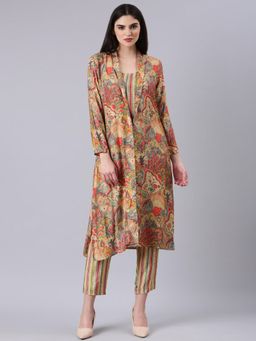 SHOWOFF - Womens Multi-Color Stripes Top & Pant with Overcoat (Set of 3)