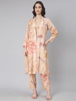 SHOWOFF - Womens Peach Printed Top & Pant with Overcoat (Set of 3)
