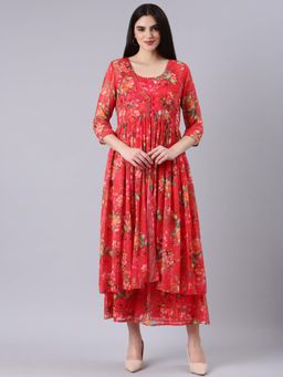 SHOWOFFFF - Womens Red Floral Top & Palazzo with Jacket (Set of 3)