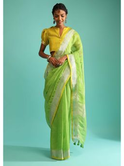 KALKI FASHION - Parrot Green Saree in Linen Silver Brocade Border with Unstitched Blouse