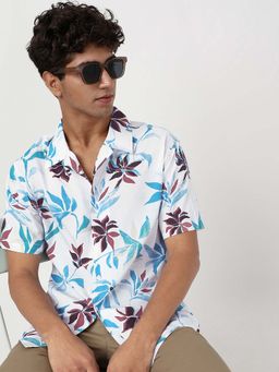 Bewakoof - Men's White & Blue All Over Printed Oversized Shirt