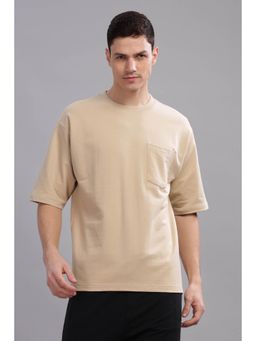SILISOUL - Men Beige Solid Casual T-Shirt