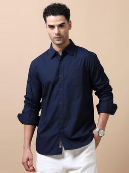 SILISOUL - Men Navy Blue Solid Casual Shirt
