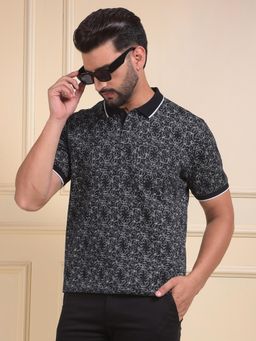 CRIMSOUNE CLUB - Men Black Self Design Casual Polo T-Shirt