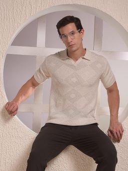 CRIMSOUNE CLUB - Men Beige Self Design Casual Polo T-Shirt