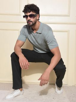 CRIMSOUNE CLUB - Men Grey Self Design Casual Polo T-Shirt