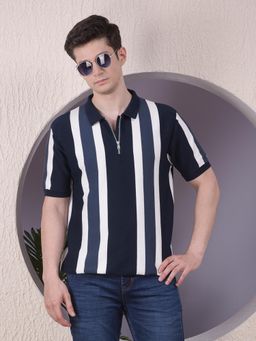 CRIMSOUNE CLUB - Men Navy Blue Stripes Casual Polo T-Shirt