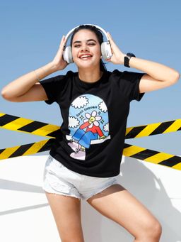 AAREIN - Women Black Graphic Printed Cotton T-Shirt