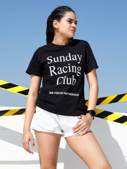 AAREIN - Women Black Typography Printed Cotton T-Shirt