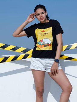 AAREIN - Women Black Graphic Printed Cotton T-Shirt