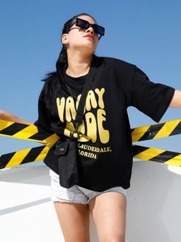 AAREIN - Women Black Drop Shoulder Printed T-Shirt