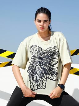AAREIN - Women Beige Graphic Oversized T-Shirt