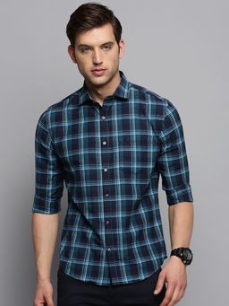 SHOWOFF - Mens Spread Collar Checked Navy Blue Classic Shirt