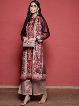 Ahalyaa - Women Burgundy and Golden Floral Printed Gotta Patti Floral Velvet Kurta