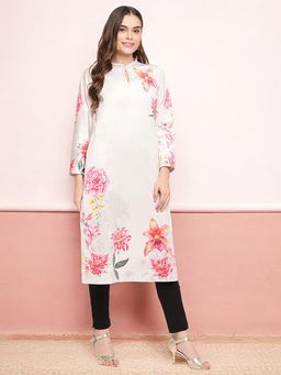 Ahalyaa - Floral Printed Keyhole Neck Velvet Straight Kurta