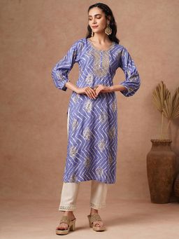 FASHOR - Ethnic Chevron Foil Printed Embroidered Straight Fit Kurta-Blue