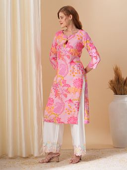 FASHOR - Abstract Floral Printed and Kantha Embroidered Straight Fit Kurta-Pink