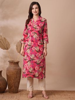 FASHOR - Abstract Floral Printed Straight Fit Kurta-Pink