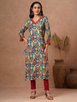 FASHOR - Ethnic Printed and Mirror Embroidered Straight Fit Kurta-Multi