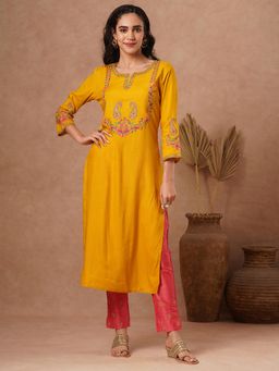 FASHOR - Ethnic Embroidered Straight Fit Kurta-Yellow