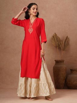 FASHOR - Solid Ethnic Zari Embroidered Straight Fit Kurta-Red