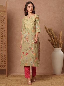 FASHOR - Floral Printed Resham and Sequins Embroidered Kurta-Green