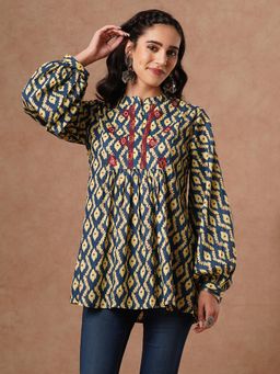 FASHOR - Ethnic Printed and Embroidered A-Line Pleated Short Kurti-Blue