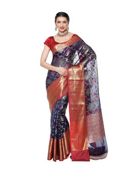 Banarasi Silk Works - Navy Blue Zari Patola Brocade Border Art Saree with Unstitched Blouse