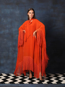 Swatee Singh - Scarf Collar V Neck Kaftan Asymmetrical Dress With Fringes