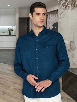 KUONS AVENUE - Men Blue Cotton Twill Casual Shirt