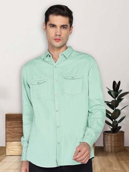 KUONS AVENUE - Men Green Cotton Twill Casual Shirt